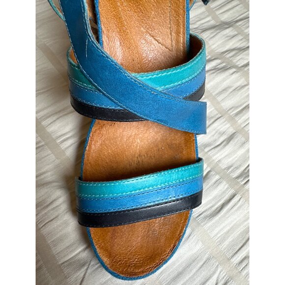 NAYA Mint Blue Black LEATHER Women Size 8 1/2 M Ankle Strap BAMBOO Heeled Sandal - Picture 6 of 9